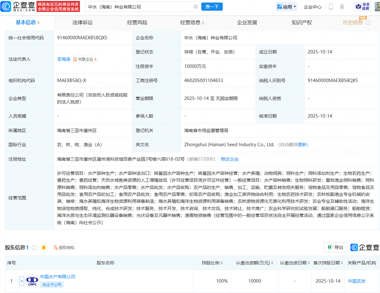 中國水產在海南成立新公司，含水產養殖業務