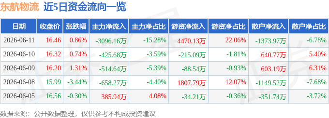 股票行情快報：東航物流（601156）6月11日主力資金淨賣出3096.16萬元