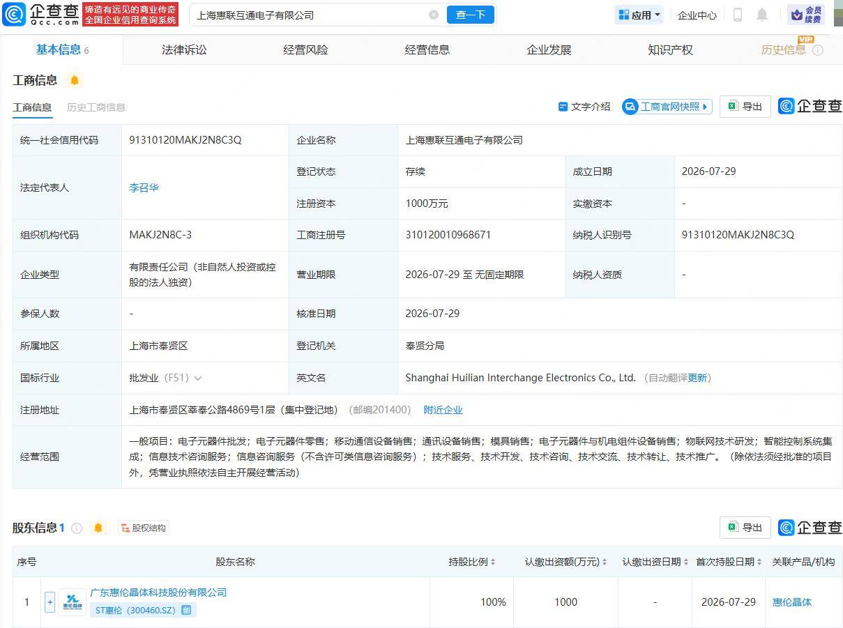 ST惠倫成立電子公司，含電子元器件零售業務